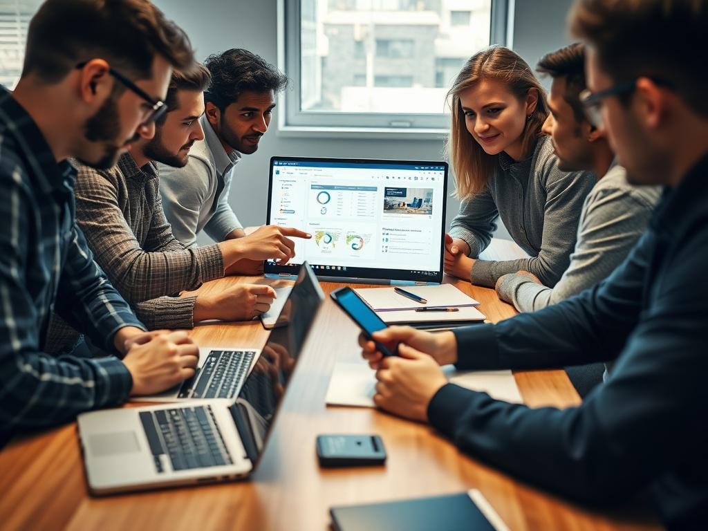 A close-up shot of a diverse team collaborating around a table with laptops and digital devices. They are discussing implementation strategies, with one person pointing at a laptop screen showing a new software interface. The atmosphere is energetic and focused, highlighting teamwork and innovation.
