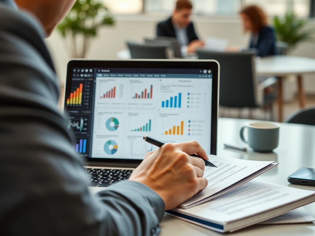 A close-up shot of a consultant working on a digital strategy document on a laptop. The screen displays graphs and data visualizations, while the consultant reviews notes and sketches ideas on a notepad. The setting is bright and modern, showcasing a collaborative and innovative workspace.