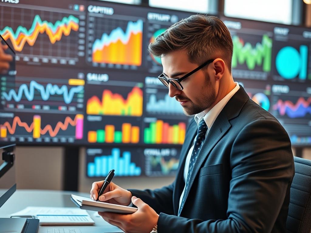 A close-up shot of a consultant analyzing performance data on a digital dashboard. Various graphs and metrics are displayed on a large screen in the background. The consultant appears engaged, jotting down insights on a notepad. The setting is professional and modern, reflecting a data-driven approach to business.