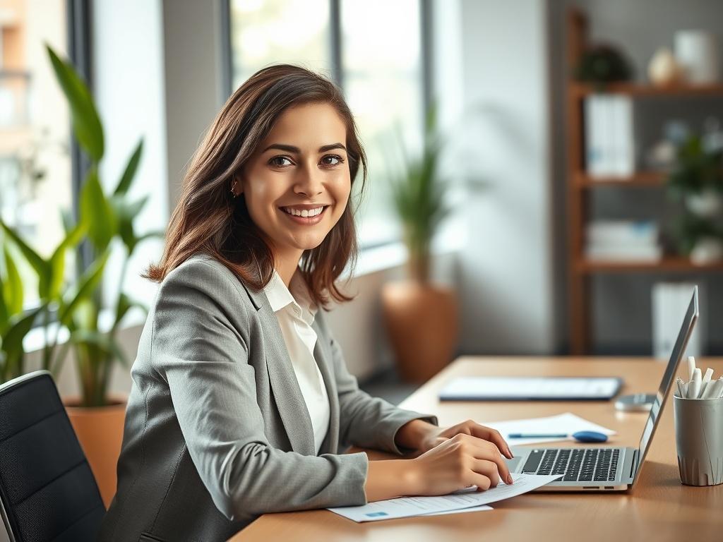A close-up shot of a professional woman in her 30s, with a warm smile, sitting at a modern desk in a well-lit office. She is wearing business attire and looking confidently at the camera, with a laptop and some paperwork in front of her. The background features a stylish office decor, with green plants and a soft natural light coming through a window. The image should convey a sense of professionalism and approachability, reflecting the spirit of innovation and digital transformation.