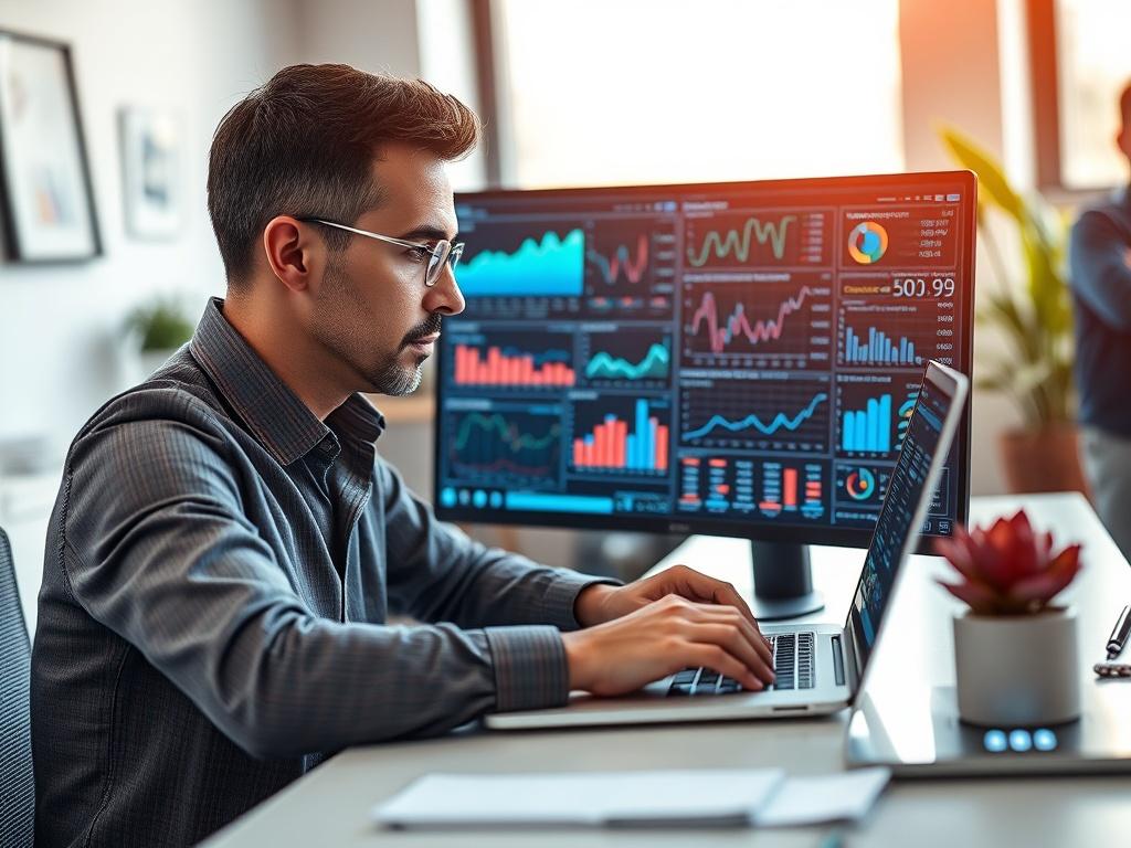 A professional setting featuring a focused individual analyzing data on a laptop. The subject is sitting at a modern desk with a high-resolution screen displaying various analytical graphs and charts. The background is softly blurred to emphasize the subject, while maintaining a clean and organized workspace. The lighting is bright and inviting, highlighting the individual’s engagement with the data. The primary color theme incorporates shades of rgb(50, 170, 39) subtly in decor elements.