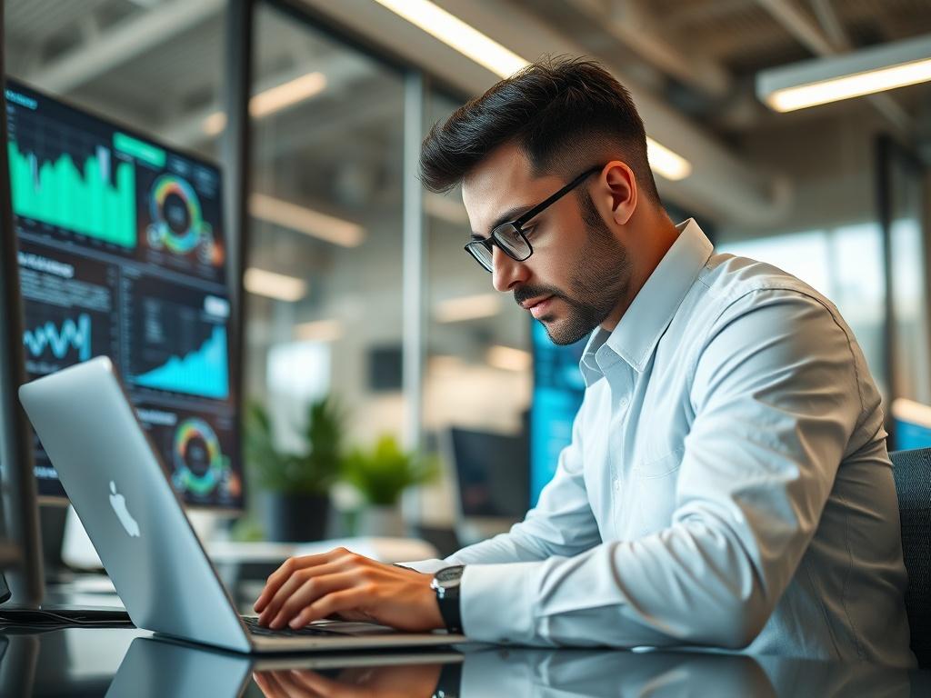 A close-up shot of a modern office environment featuring a professional conducting a technology audit. The subject is a focused consultant analyzing data on a laptop, surrounded by digital screens displaying graphs and technology dashboards. The background is a sleek, contemporary workspace with subtle hints of greenery, conveying a sense of innovation and efficiency. The lighting is bright and inviting, emphasizing the consultant's concentration and the high-tech atmosphere.