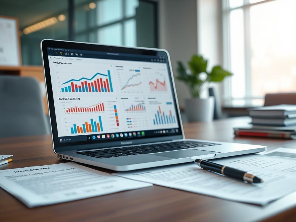 A close-up shot of a modern office desk featuring a sleek laptop displaying data governance charts and graphs. The laptop is surrounded by organized documents and a stylish pen, symbolizing professionalism and data management. The background is softly blurred to emphasize the laptop and documents, with a color scheme that reflects rgb(50, 170, 39). The image should evoke a sense of clarity and focus, showcasing the importance of data governance in a digital workspace.
