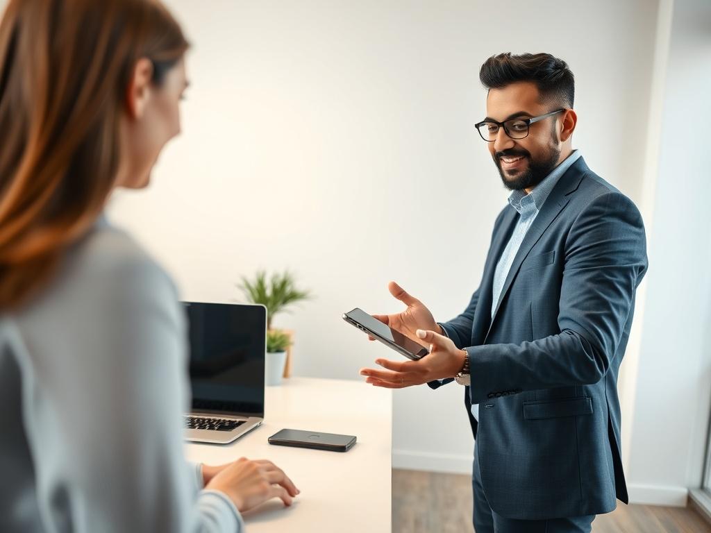 A professional consultant in a modern office setting, engaged in a discussion with a client over a digital device. The consultant, a South Asian male wearing a smart casual outfit, shows enthusiasm and expertise. The background is clean and minimalistic, featuring a sleek desk, a laptop, and a plant for a touch of greenery. The lighting is bright and inviting, creating an atmosphere of collaboration and innovation.