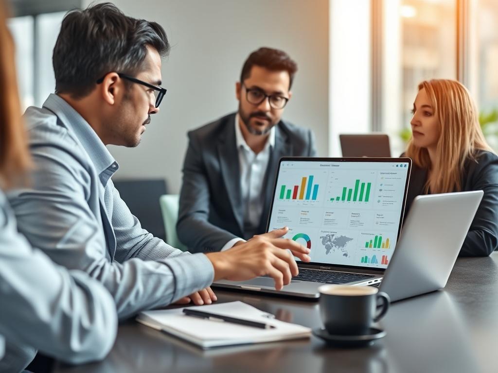 A close-up, high-resolution photo of a professional consultant in a modern office setting, actively engaged in a discussion with a startup team. The consultant, a middle-aged Asian male, is pointing at a laptop screen displaying colorful graphs and project timelines. The background features a sleek desk with notebooks and a coffee cup, softly blurred to focus on the interaction. The color scheme reflects a vibrant green (rgb(50, 170, 39)) accent, enhancing the atmosphere of innovation and collaboration.