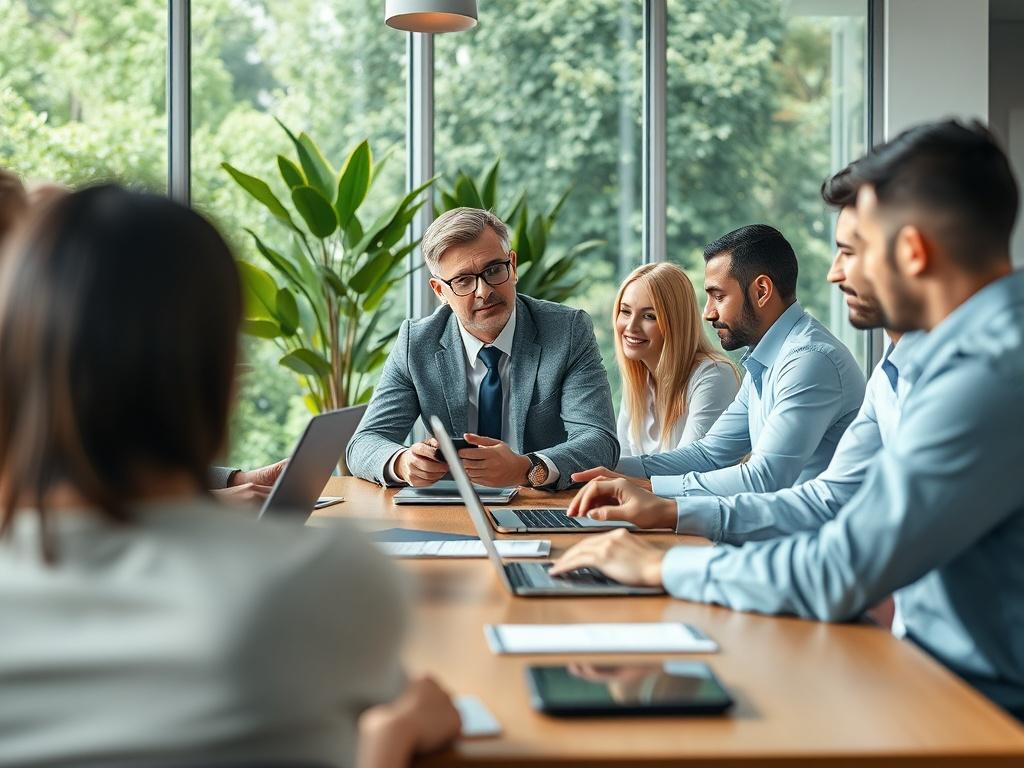 A close-up shot of a business consultant engaging with a diverse group of professionals around a modern conference table. The atmosphere is collaborative and innovative, showcasing laptops and digital devices in use. The background is a bright, contemporary office setting with greenery visible through large windows. The image should focus on the consultant's active engagement, conveying a sense of partnership and strategic thinking.