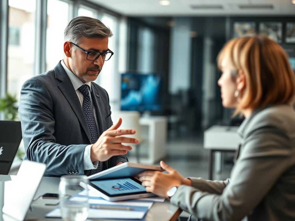 A realistic high-resolution photo of a business consultant discussing a digital strategy with a client in a modern office setting. The focus should be on the consultant, a middle-aged South Asian man in a smart business suit, gesturing towards a digital tablet displaying analytics. The background should be softly blurred to emphasize their conversation, with elements of technology like screens or devices subtly included.