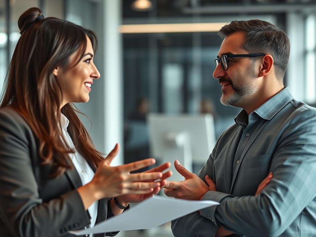 A close-up shot of two professionals discussing strategies in a modern office environment, with a focus on their expressions and gestures, conveying engagement and collaboration. The background should be softly blurred to emphasize the interaction, and the scene should reflect a contemporary and innovative atmosphere.