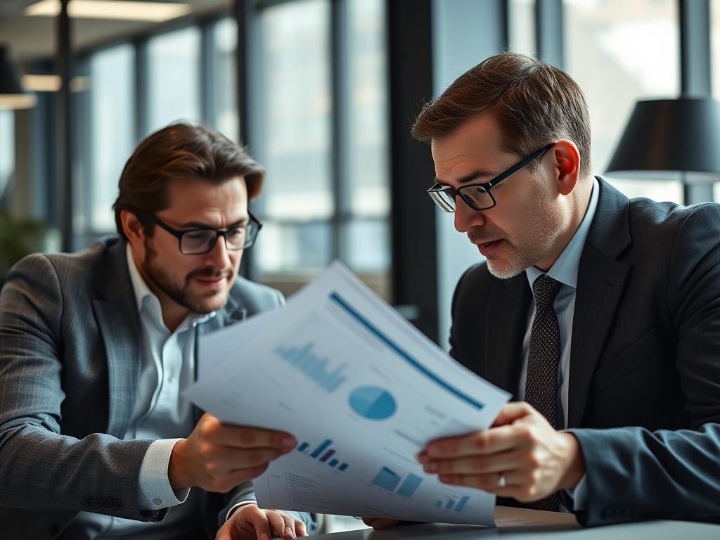 A focused close-up of a strategy document being reviewed by a consultant and a client, showcasing charts and graphs. The image should capture the intensity and concentration of the individuals as they discuss, with a modern office backdrop enhancing the professional setting.