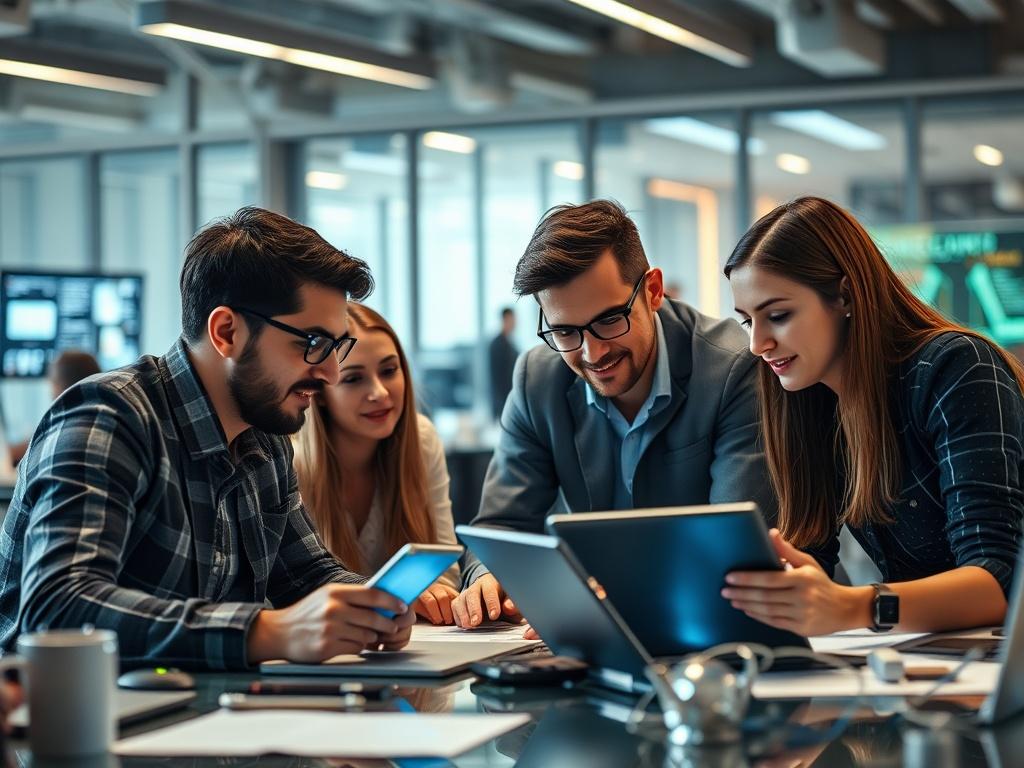 A dynamic shot of a team collaborating in a tech-savvy workspace, with individuals actively engaging with digital tools and screens. The focus should be on teamwork and innovation, highlighting the energy of the environment as they work on implementation.