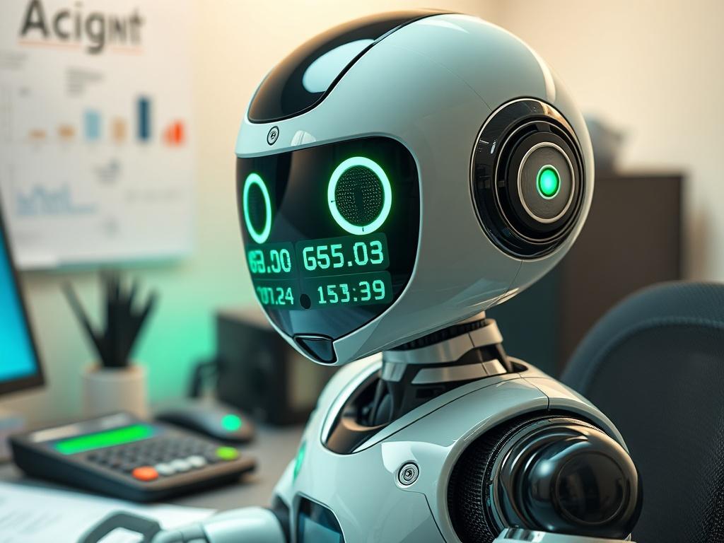A close-up shot of a sleek and modern robot with a friendly appearance, showcasing its digital interface that displays GST-related data. The robot is set in a small office environment, surrounded by accounting tools like calculators and paperwork. The background is softly blurred to keep the focus on the robot, emphasizing its innovative technology. The color scheme incorporates shades of bright green, reflecting the primary color rgb(50, 170, 39). The image should evoke a sense of efficiency and modernity.