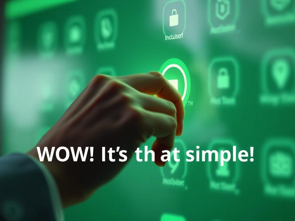A close-up shot of a hand effortlessly pressing a button on a sleek digital interface, symbolizing simplicity and ease of use in technology. The background should be blurred to emphasize the hand and button, with a soft green hue to match the rgb(50, 170, 39) primary color. The composition should convey a sense of excitement and ease, highlighting the message 'WOW! It’s that simple!' without any text.