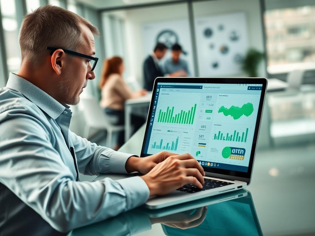 A close-up shot of a focused business consultant analyzing ERP project data on a laptop, displaying graphs and charts. The setting is a modern office with a sleek desk and a blurred background of team members discussing in a meeting room. The primary color theme is green, reflecting an energized and productive atmosphere.