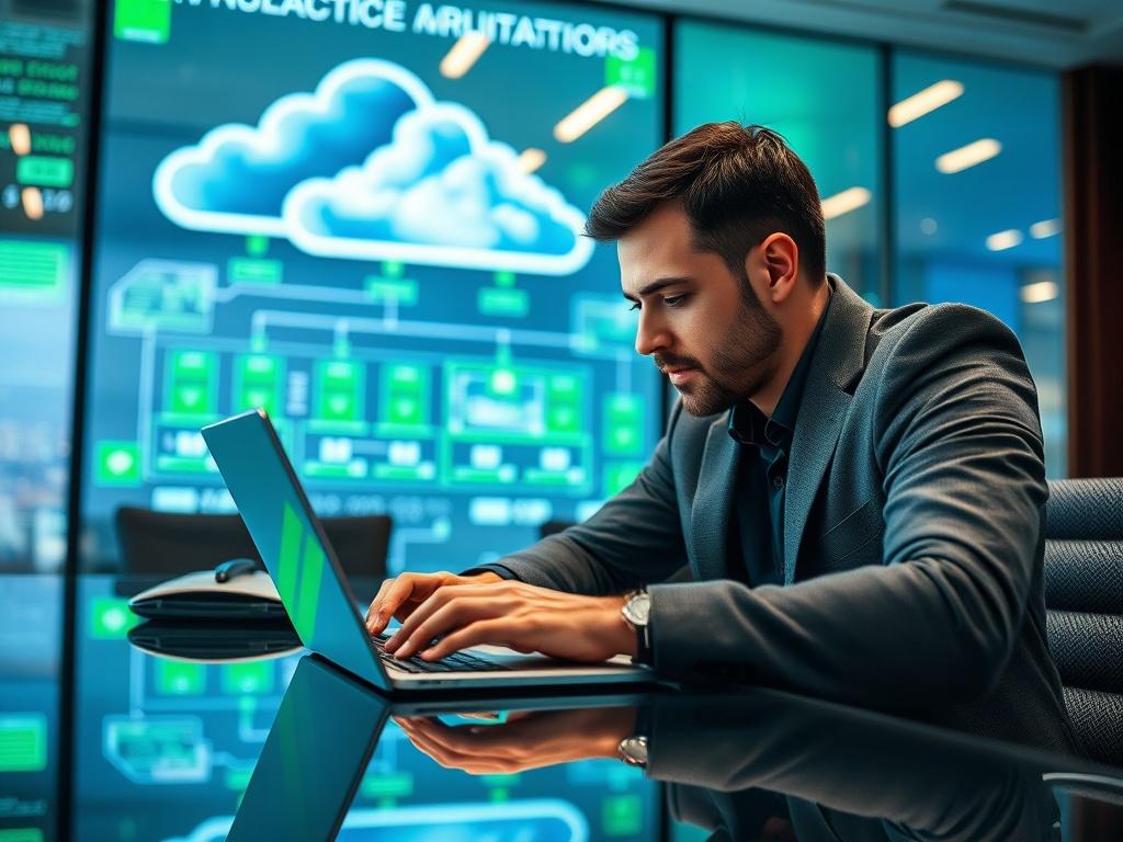 A close-up shot of a professional consultant working on a laptop in a modern office environment, analyzing cloud migration strategies. The background features a digital display of cloud architecture, with vibrant green accents to reflect the primary color rgb(50, 170, 39). The image should convey focus and expertise in technology, showcasing the consultant's thoughtful engagement with the task.