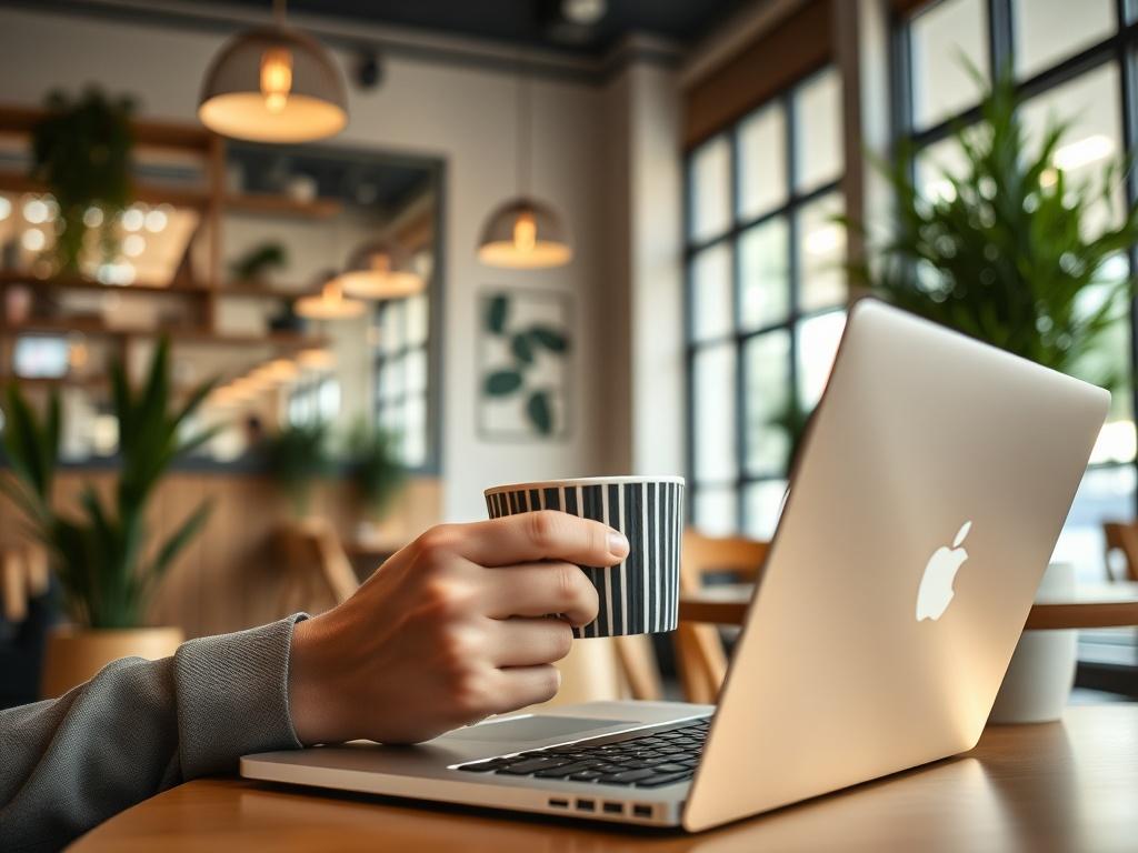 A close-up shot of a person holding a laptop and a coffee cup, sitting in a stylish, modern café with a bright and inviting atmosphere. The background features minimalistic decor with greenery, and sunlight streaming through the windows, creating a warm and inspiring environment. The photo should evoke a sense of productivity and freedom associated with the digital nomad lifestyle.