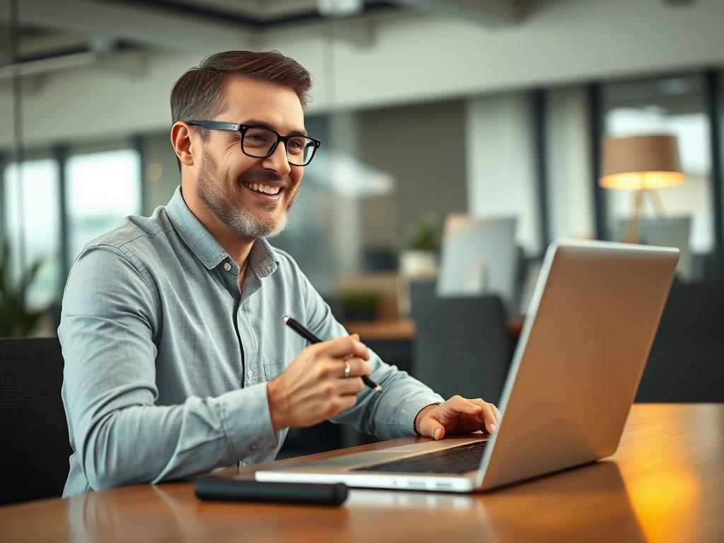 A close-up shot of a professional business consultant sitting at a desk, engaging in a video call with a client. The consultant is smiling and taking notes, showcasing an enthusiastic and collaborative atmosphere. The background is a modern office setting with subtle hints of technology, such as a laptop and a notepad. The lighting is warm and inviting, ensuring a friendly vibe. The colors in the image should resonate with a primary green hue (rgb(50, 170, 39)).