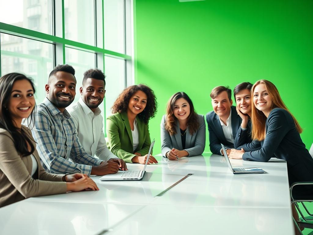 A hyper-realistic close-up shot of a diverse group of professionals confidently collaborating in a bright, modern office setting. The image should capture the essence of teamwork and innovation, with individuals of varying ethnicities engaged in discussion around a sleek conference table. The background should be minimalistic, featuring soft natural light streaming in through large windows, emphasizing the vibrant green of the primary color (rgb(50, 170, 39)).