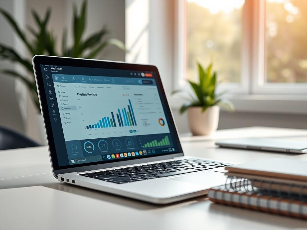 A hyper-realistic close-up shot of a modern, digital workspace featuring a sleek laptop displaying a dashboard of digital documents and analytics. The workspace is minimalistic with natural light illuminating the area, showcasing a clean, clutter-free environment that embodies the Zero Paper Strategy. The background is softly blurred to keep the focus on the laptop and the digital interface, while incorporating elements of greenery to symbolize sustainability.