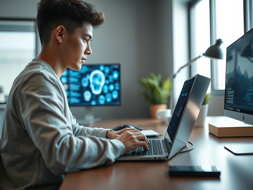 A hyper-realistic close-up shot of a modern workspace featuring an individual working on a laptop with AI-generated graphics displayed on the screen. The background should be simple and minimalistic, with a focus on the individual and the laptop. The image should feature bright lighting that highlights the technology and innovation aspect, incorporating the color rgb(50, 170, 39) subtly in the workspace decor.
