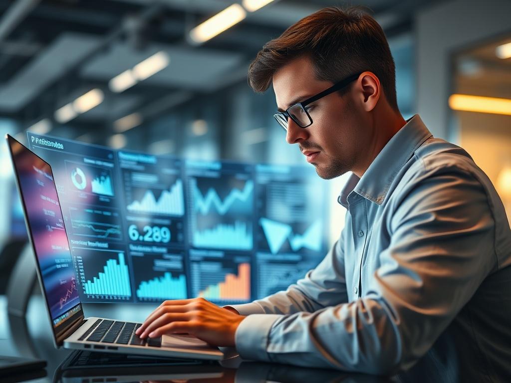 A close-up shot of a professional consultant analyzing data on a laptop, surrounded by digital graphs and charts that represent AI model optimization. The consultant is focused and engaged, showcasing a sense of determination and expertise. The background is a modern office space with a sleek design, featuring a blurred view of technology-related elements, creating a professional and inspiring atmosphere. The image should reflect a hyper-realistic style, captured with a 45mm f/1.2 lens to highlight details.