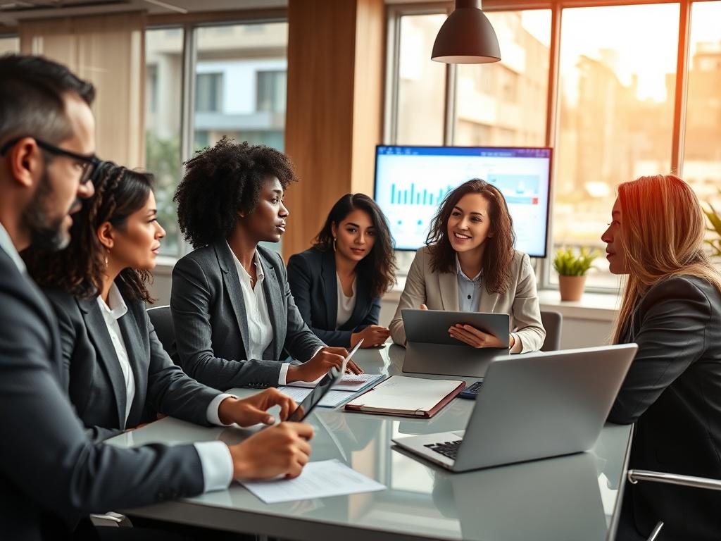A close-up shot of a diverse group of professionals engaged in a meeting, discussing change management strategies. The composition features a well-furnished modern office setting with a sleek table and digital devices like laptops and tablets. The individuals should display expressions of collaboration and focus, dressed in business attire. The background should be bright and inviting, with elements that reflect a digital transformation theme, such as charts or diagrams on screens. The image should be a hyp