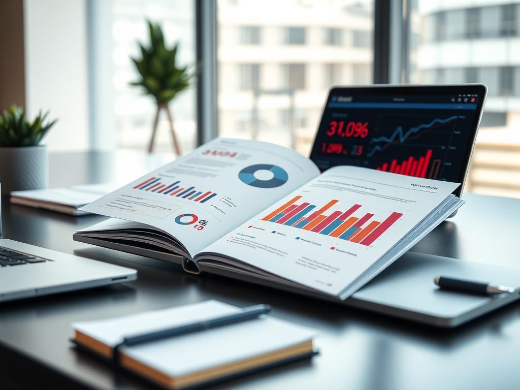 A close-up shot of a well-designed pitch deck on a modern desk with a laptop and notepad in the background. The pitch deck should be open, showcasing vibrant graphics and charts that highlight key data. The setting is bright and professional, suggesting a creative workspace. The focus is on the pitch deck, capturing rich colors and details that imply a high level of professionalism.