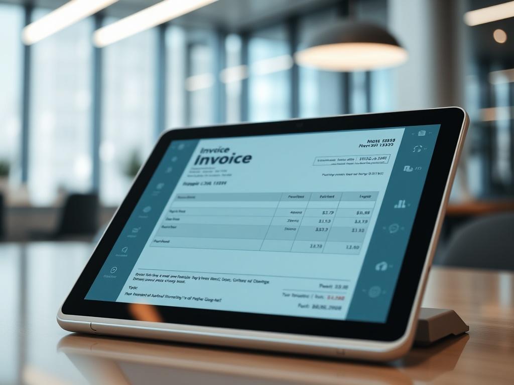 A close-up shot of a digital invoice on a tablet, showcasing a blockchain interface with visible cryptographic elements in the background. The setting should be a modern office environment with a clean and professional look, emphasizing technology and innovation. The image should be realistic and high-resolution, captured with a 45mm f/1.2 lens, highlighting the details of the digital invoice and blockchain interface.