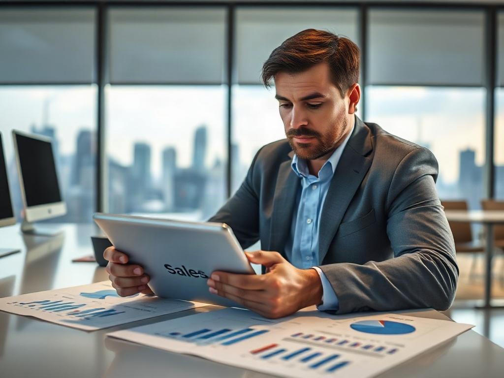 A close-up shot of a professional business consultant analyzing sales data on a digital tablet, surrounded by graphs and charts on a sleek desk. The background features a modern office with soft lighting and a blurred view of a city skyline through a large window. The focus is on the consultant's engaged expression, reflecting deep analysis and strategic thinking.