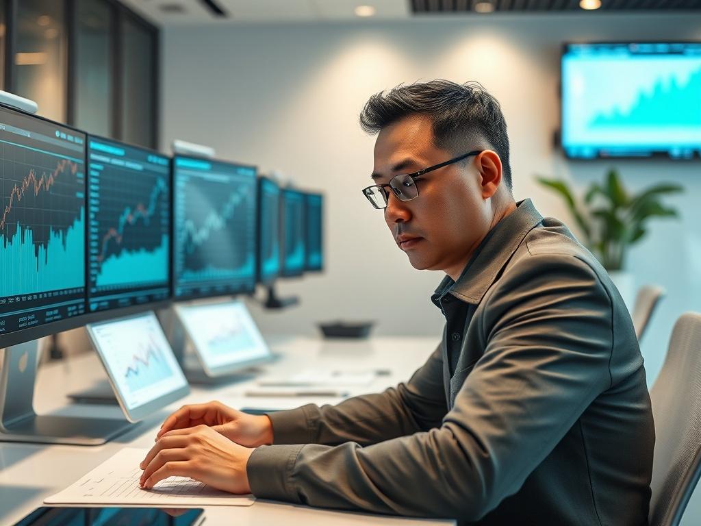 A high-resolution close-up shot of a financial analyst working diligently at a sleek, modern desk filled with charts and digital screens displaying financial data. The analyst, a middle-aged Asian man, is focused on analyzing a graph on one of the screens, with a thoughtful expression. The background shows a contemporary office environment with minimalistic design elements, emphasizing a professional atmosphere.