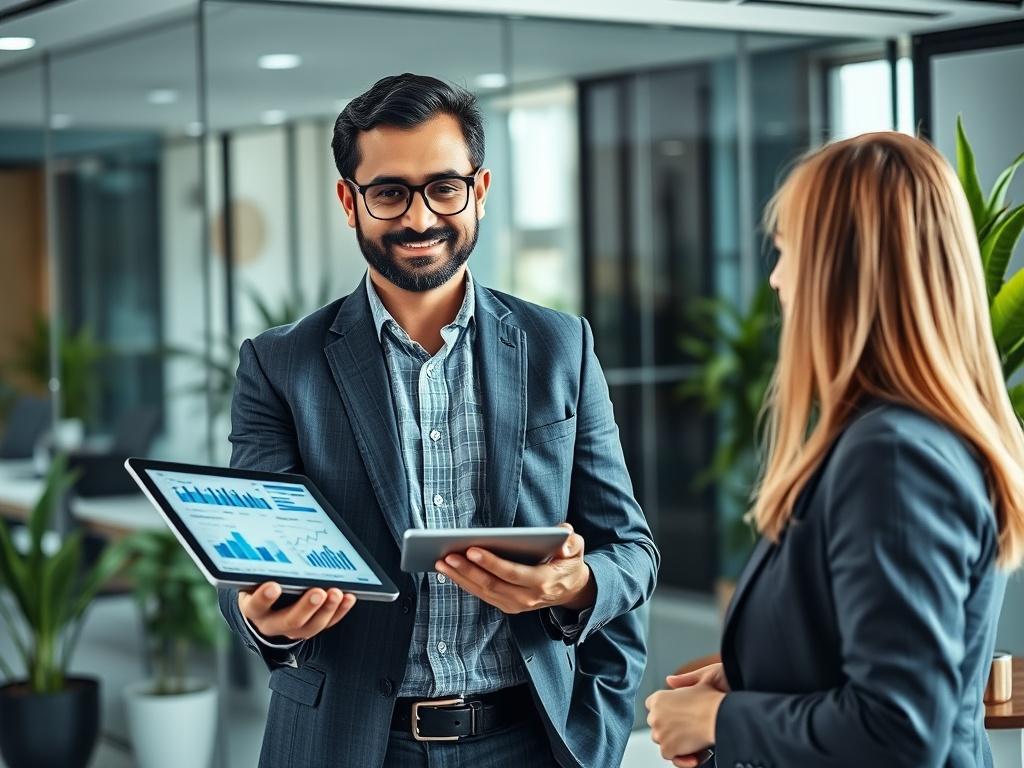 A high-resolution close-up shot of a confident business consultant engaging with a client in a modern office environment. The consultant, a middle-aged South Asian man in a smart casual outfit, is pointing at a digital tablet showcasing graphs and data analytics. The background is a sleek office with glass walls and greenery, emphasizing a professional yet welcoming atmosphere. The image is rendered in hyper-realistic style, focusing on the interaction between the consultant and client.