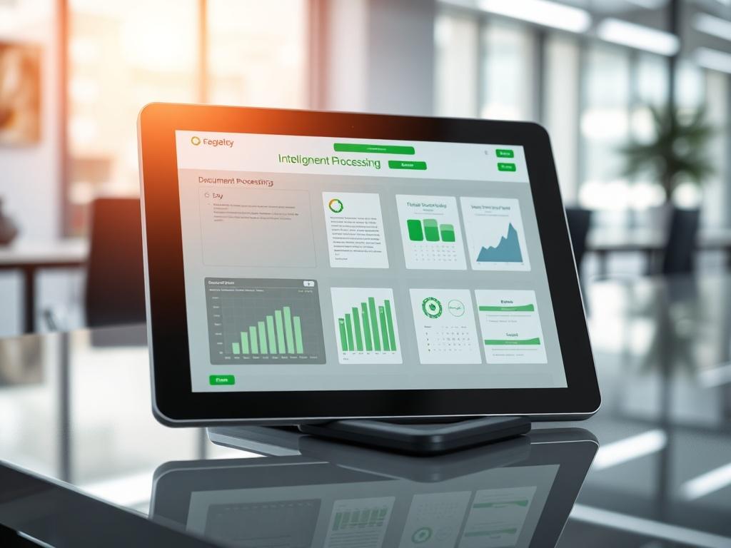 A realistic high-resolution photo of a digital tablet displaying a sophisticated Intelligent Document Processing interface. The tablet is placed on a sleek, modern desk with a blurred background of an office setting. The lighting is bright and inviting, emphasizing the tablet's screen. The focus is on the detailed graphics of the interface, showcasing various document types being processed in real-time. The color scheme includes elements of green, reflecting the primary color rgb(50, 170, 39).
