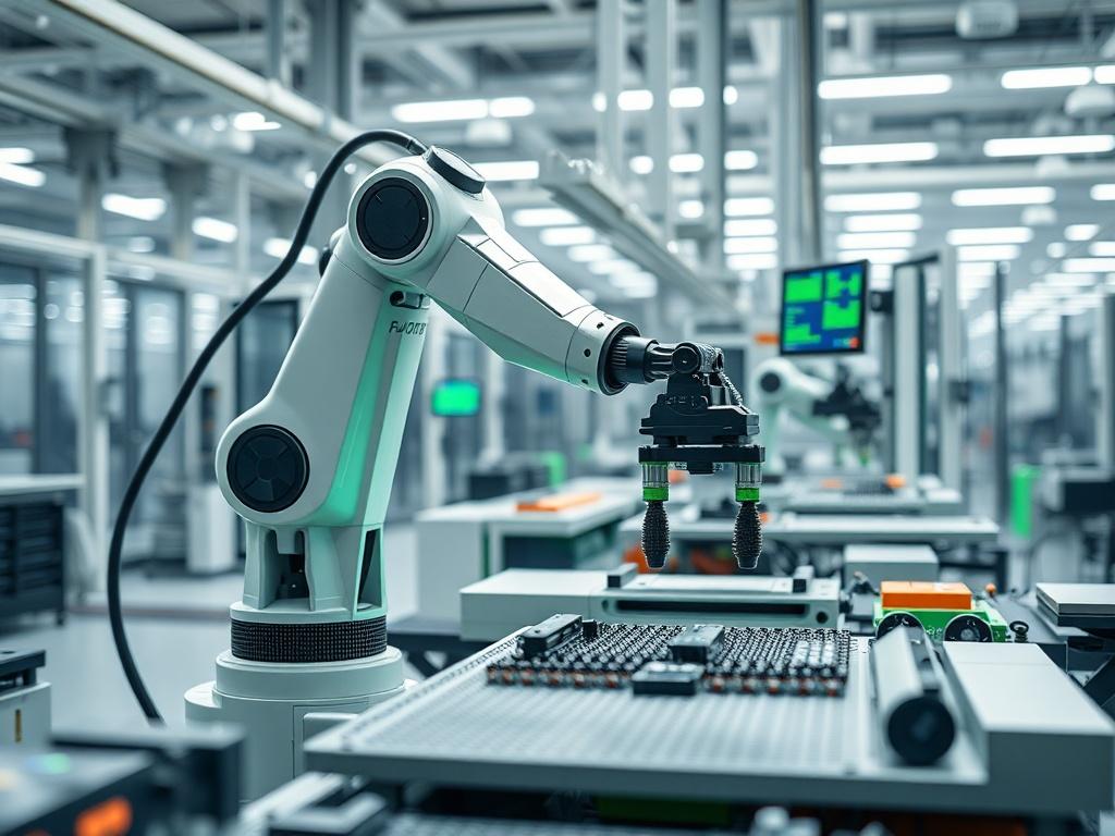 A hyper-realistic close-up image of a modern factory floor showcasing advanced robotics and automation. The scene should include a robotic arm assembling components with precision, surrounded by a clean and organized production area. The background should feature high-tech machinery and digital displays, highlighting the integration of Industry 4.0 technology. The lighting should be bright and focused, emphasizing the sleek and innovative environment, with the primary color being a vibrant green (rgb(50, 17