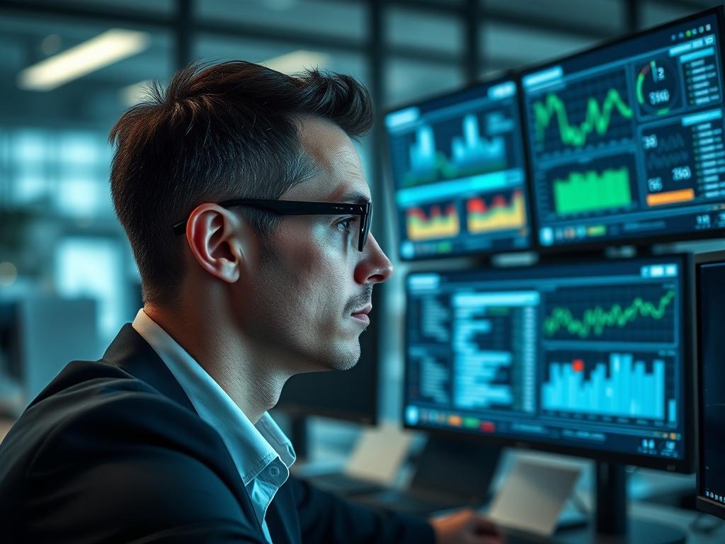 A focused individual in a modern office setting, intently monitoring multiple screens displaying data analytics and system performance metrics. The image captures them in a moment of concentration, showcasing a sleek and organized workspace with a high-tech feel. The background features blurred elements of technology, emphasizing the importance of remote monitoring in a professional environment.
