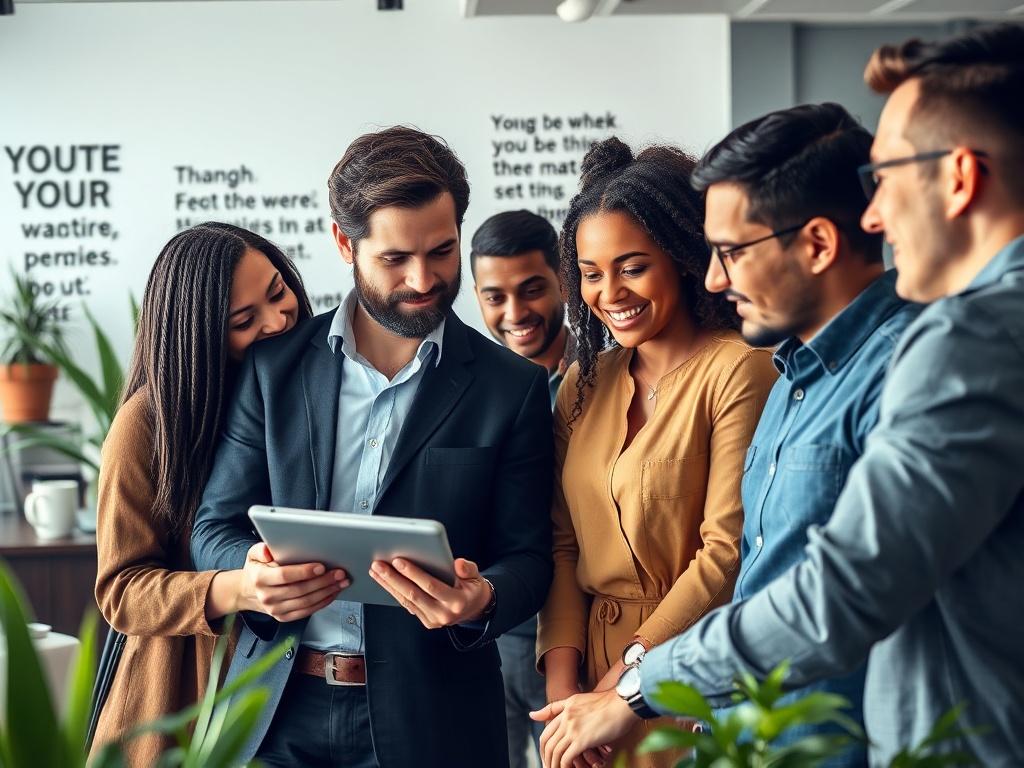 A hyper-realistic close-up shot of a business consultant engaging with a diverse group of startup founders in a modern office setting. The scene captures the essence of collaboration and innovation, with the consultant sharing insights on growth strategies using a digital tablet. The background showcases a sleek office design with motivational quotes on the walls and plants for a vibrant atmosphere. The lighting is bright and inviting, emphasizing the focus on teamwork and growth.