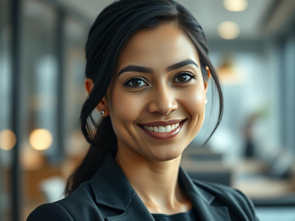 A close-up shot of Aisha Rahman, a professional woman in her 30s, looking confidently at the camera with a warm smile. She has dark hair styled neatly and is wearing a smart business outfit. The background is softly blurred to focus on her, with a subtle hint of an office environment to convey professionalism. The lighting is bright and inviting, creating a positive atmosphere.