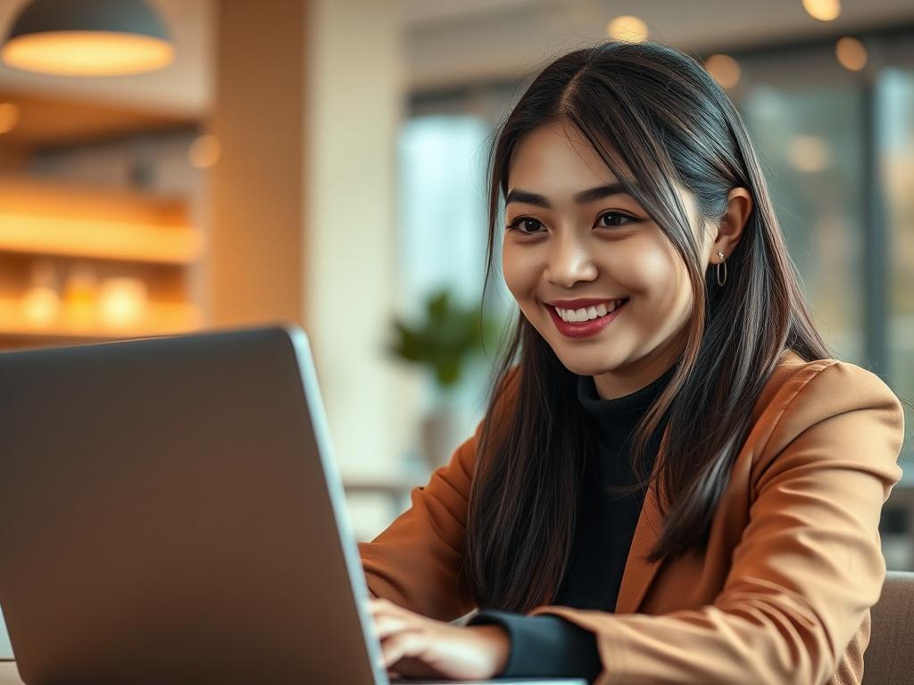 A hyper-realistic close-up shot of a young Asian woman in a professional setting, smiling confidently while using a laptop. The background should be softly blurred to emphasize her. The lighting should be warm and inviting, highlighting her features. The woman is dressed in smart casual attire, showcasing a modern, tech-savvy vibe. The primary color scheme should include rgb(50, 170, 39) to align with the branding of KNW Technology Consulting.