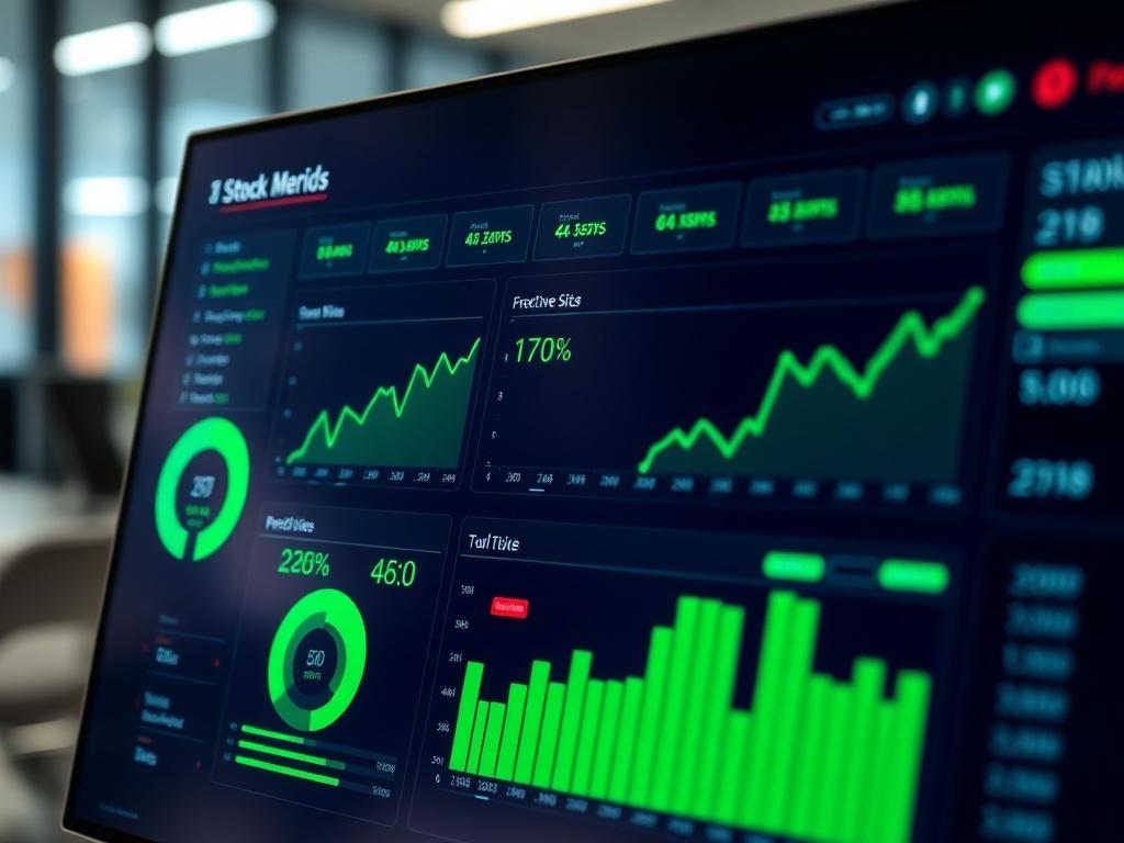 A close-up shot of a modern digital dashboard displaying stock levels and predictive analytics, with vibrant green highlights. The dashboard should show data graphs and alerts indicating stock status, set against a sleek office background. The image should be hyper-realistic, focusing on the dashboard as the main subject, captured with a 45mm f/1.2 lens style.