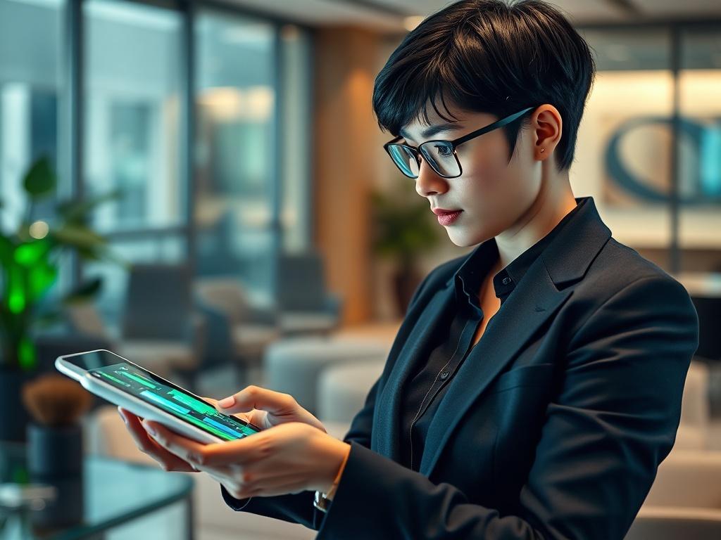 Create a highly realistic high-resolution close-up photo that visually represents the concept of "Mid-Tier Digital Transformation." Focus on a single subject—a confident business professional in their mid-30s, with short black hair and wearing smart-casual attire, engaging intently with a futuristic digital tablet. Ensure the tablet displays interactive graphics related to digital transformation, like data analysis and innovative technology solutions. The background should be a soft-focus modern office envi