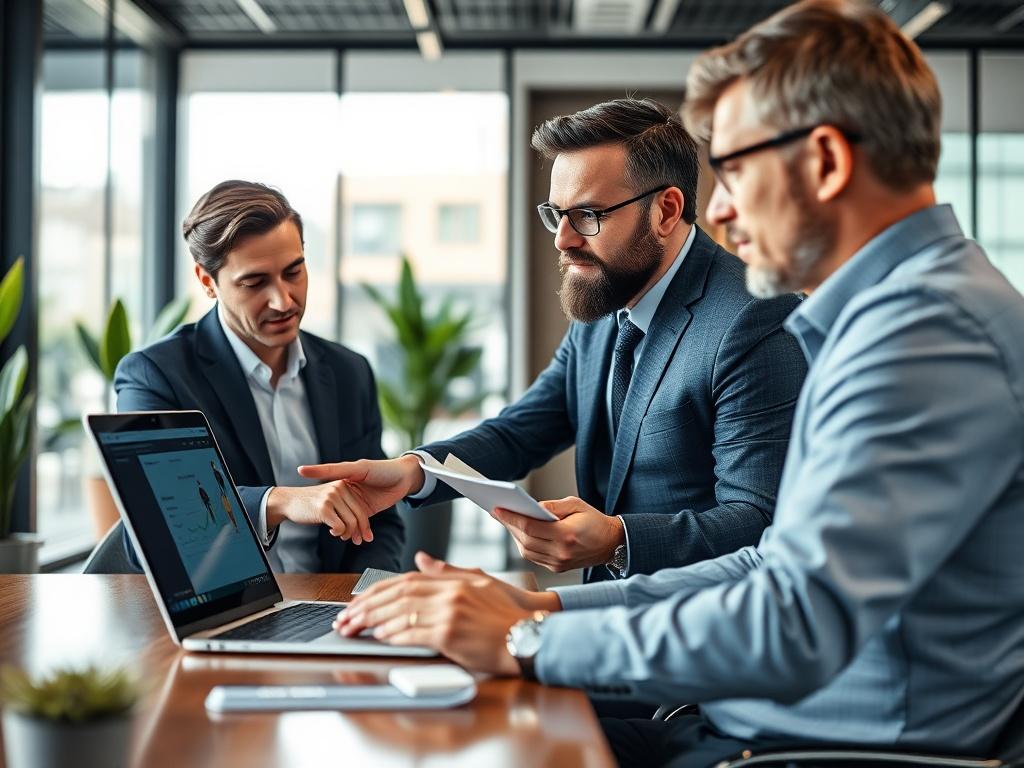 A close-up shot of a business consultant discussing digital remote and hybrid work solutions with a client in a modern office setting. The consultant is pointing at a laptop screen displaying a digital collaboration tool, while the client is actively engaged, taking notes. The background features a sleek office design with plants and natural lighting. The image should reflect a professional atmosphere and convey teamwork and innovation.