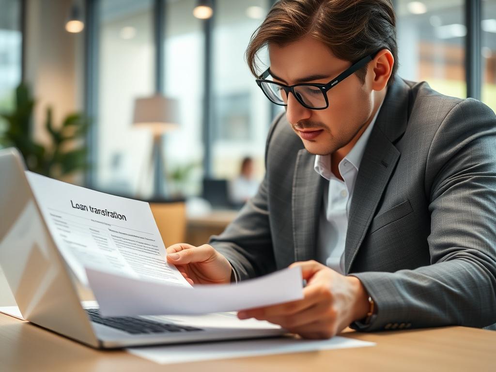 A close-up shot of a professional consultant reviewing a digital transformation loan application document with a laptop open, emphasizing the importance of careful preparation. The background should be a soft-focus office environment, blending modern and traditional elements to reflect the balance of innovation and legacy in business. The image should be rendered in hyper-realistic style, highlighting details like the texture of the documents and the consultant's focused expression. The primary color should