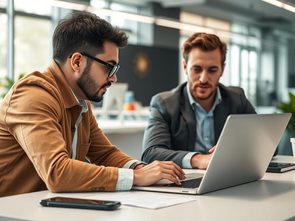 A consultant assisting a client in a hands-on training session, showcasing new software on a laptop. The environment is dynamic and interactive, with participants engaged in learning. The setting is a bright, modern office space that reflects a forward-thinking atmosphere.