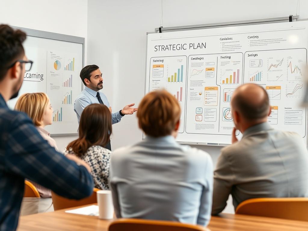A consultant presenting a strategic plan on a whiteboard to a group of engaged stakeholders. The room is filled with charts and diagrams that illustrate the plan. The focus is on the consultant, who is animated and confident, while the audience is attentive, showcasing an interactive planning session.