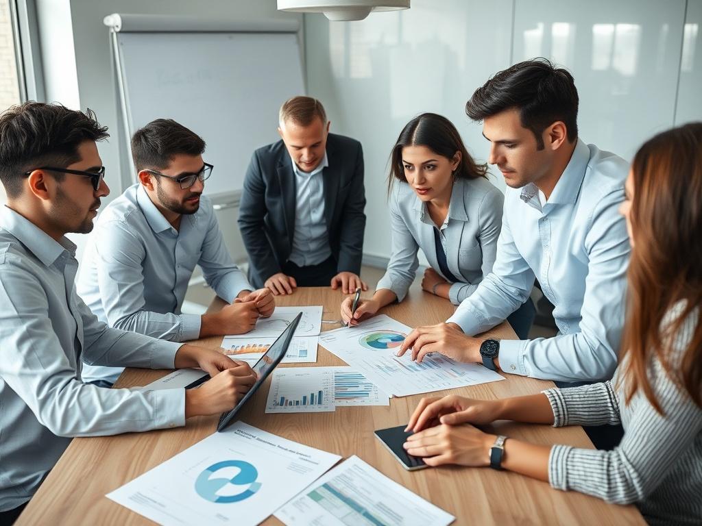 A team of consultants gathered around a table, reviewing charts and data on laptops and papers. The atmosphere is collaborative and analytical. You can see graphs and diagrams on the table, indicating a detailed assessment process. The setting is a modern meeting room with a whiteboard in the background.