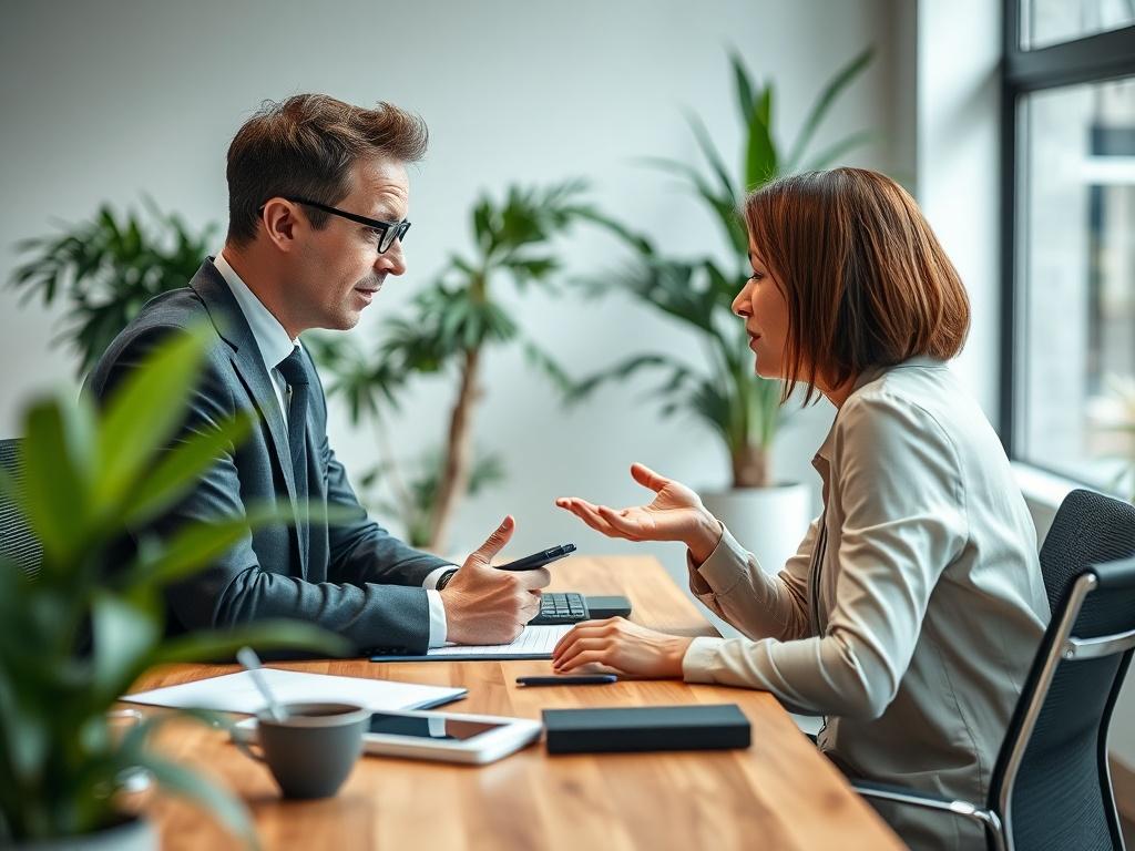A professional consultant sitting across a desk from a client, engaged in a deep conversation. The office is modern and well-lit, featuring plants and technology. The consultant is taking notes while the client is gesturing, showcasing a collaborative atmosphere. The focus is on the interaction, emphasizing professionalism and engagement.