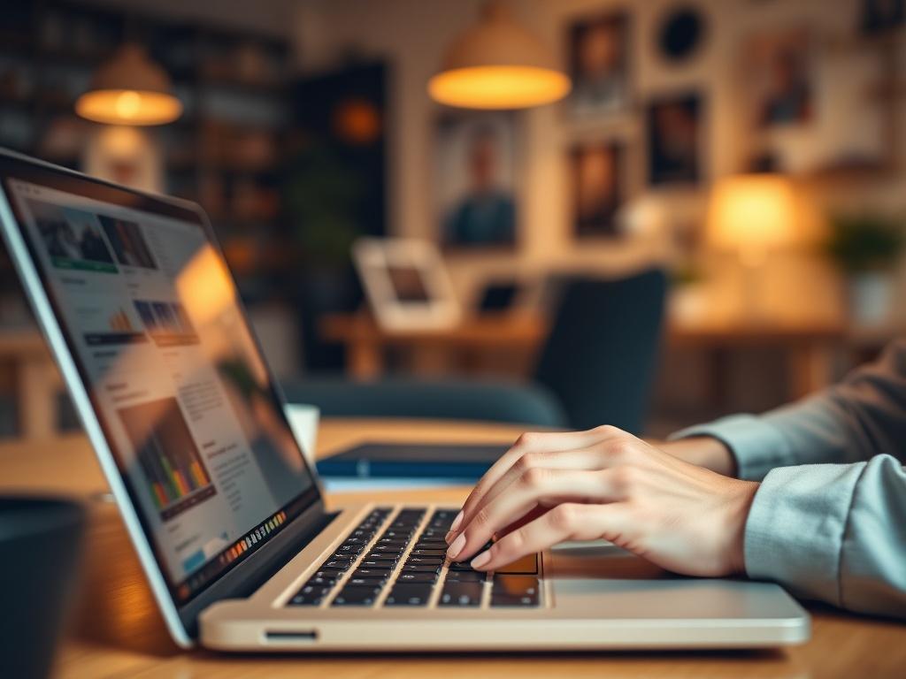 A realistic high-resolution image of a professional consultant working remotely, focused on a laptop with a digital workspace background. The image should feature a close-up of the consultant's hands typing on the keyboard, with a warm, inviting atmosphere. The primary color rgb(50, 170, 39) should subtly enhance the workspace elements, creating an engaging and productive environment.
