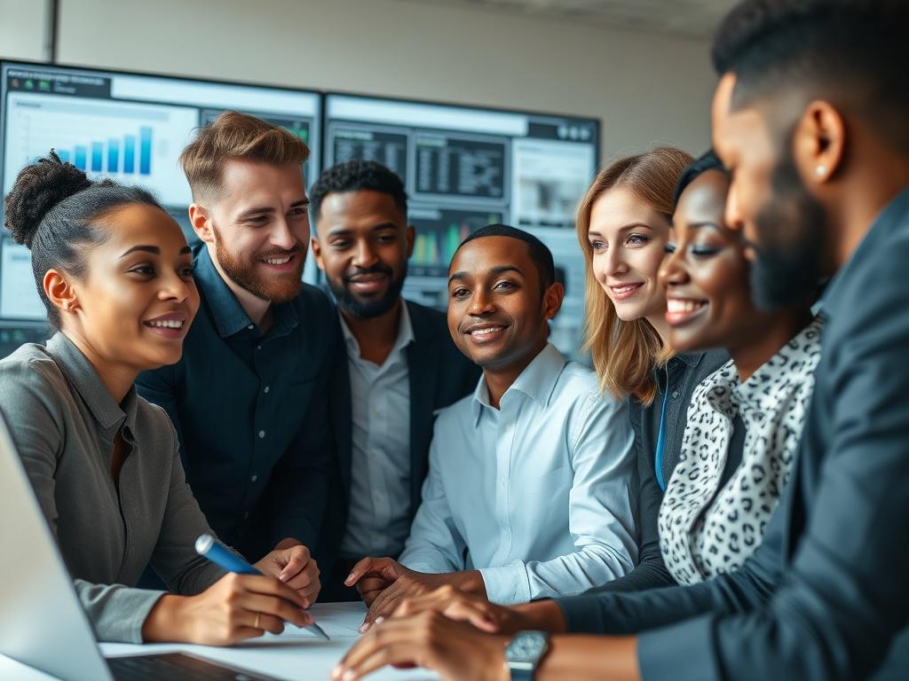 A close-up shot of a diverse group of professionals collaborating on a digital transformation roadmap. The setting should be a modern office with a large screen displaying data analytics and design plans. The focus should be on the engaged expressions of the team members as they discuss and strategize, reflecting a spirit of innovation and teamwork. Soft, natural lighting should enhance the atmosphere, creating a sense of forward-thinking energy. The primary color theme should include shades compatible with