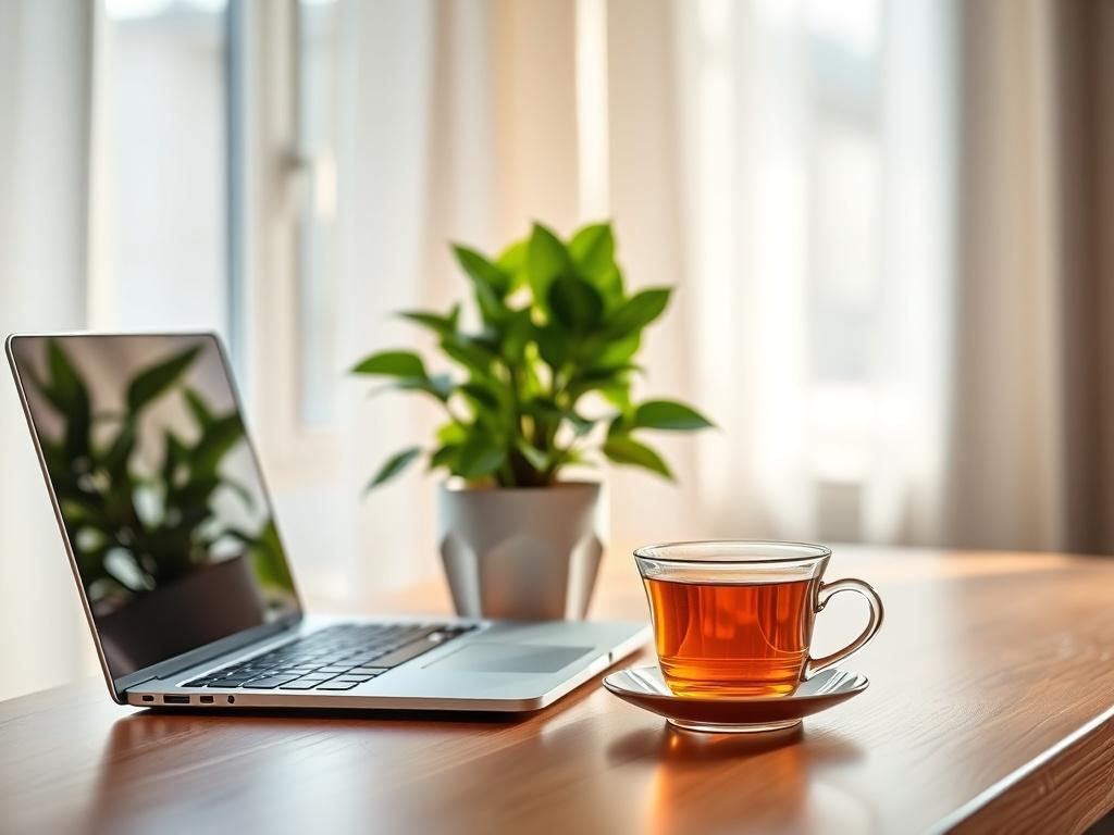 A close-up shot of a serene workspace featuring a laptop, a potted plant, and a cup of herbal tea on a wooden desk. The background showcases soft natural light filtering through a window with light curtains, creating a calming atmosphere. The overall color palette is soothing and harmonious, complemented by the primary color rgb(50, 170, 39) subtly incorporated into the plant or decor.