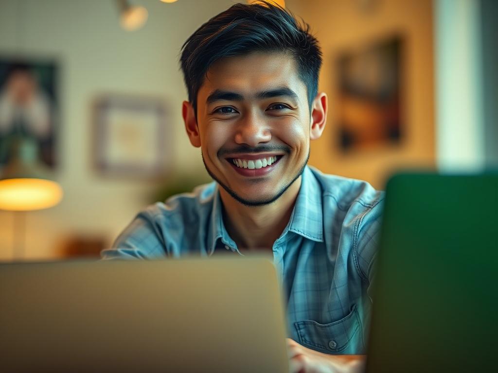 A close-up portrait of a smiling man in his 30s, wearing a smart casual shirt. He has short black hair, and is sitting at a desk with a laptop open in front of him. The background is softly blurred to emphasize his face, and there is a warm, inviting atmosphere. The primary color of the image is a vibrant green, rgb(50, 170, 39), reflecting a tech-savvy and positive environment.