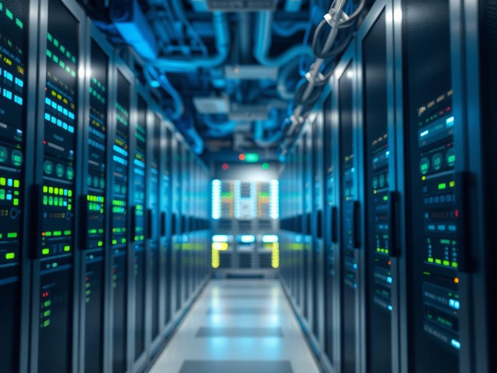 A realistic high-resolution photo of a modern server room, showcasing sleek servers with blinking lights and organized wiring. The room should have a clean, high-tech vibe, with cool blue and green lighting reflecting off the metallic surfaces. Composition should focus on a single server rack in the foreground, with a blurred background of additional racks and equipment, emphasizing the advanced IT infrastructure.