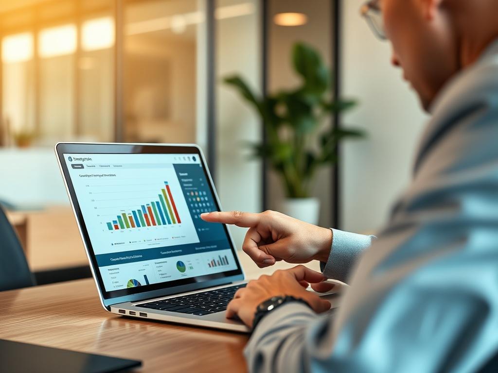 A close-up shot of a business consultant working on a laptop, focused on a digital transformation project. The background should be a modern office with soft lighting, featuring a sleek desk and a plant. The consultant, a professional in business attire, is pointing at a chart displayed on the laptop screen. The overall mood should convey productivity and innovation, with a hint of greenery to symbolize growth.